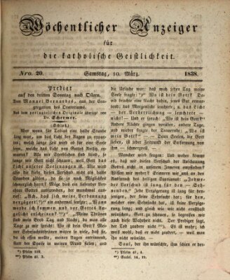 Wöchentlicher Anzeiger für die katholische Geistlichkeit Samstag 10. März 1838