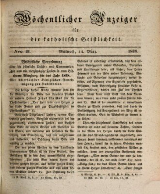 Wöchentlicher Anzeiger für die katholische Geistlichkeit Mittwoch 14. März 1838