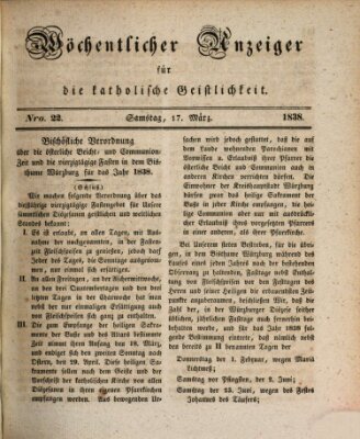 Wöchentlicher Anzeiger für die katholische Geistlichkeit Samstag 17. März 1838