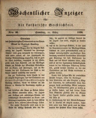 Wöchentlicher Anzeiger für die katholische Geistlichkeit Samstag 31. März 1838