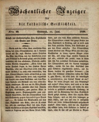 Wöchentlicher Anzeiger für die katholische Geistlichkeit Mittwoch 20. Juni 1838