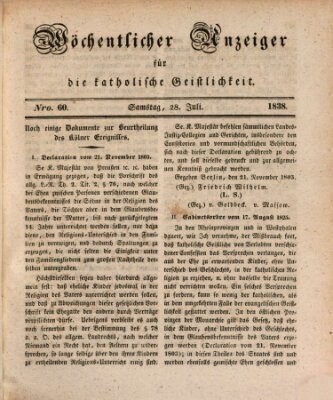 Wöchentlicher Anzeiger für die katholische Geistlichkeit Samstag 28. Juli 1838