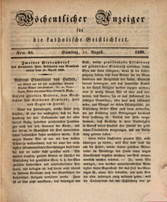 Wöchentlicher Anzeiger für die katholische Geistlichkeit Samstag 11. August 1838