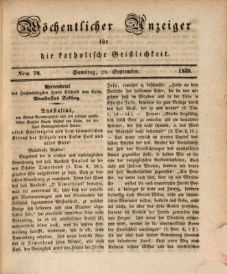 Wöchentlicher Anzeiger für die katholische Geistlichkeit Samstag 29. September 1838