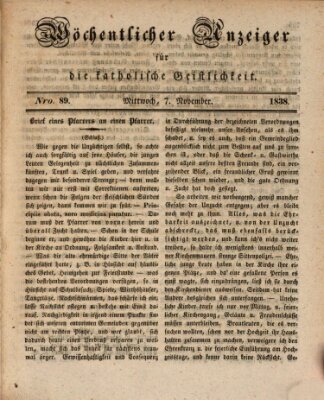 Wöchentlicher Anzeiger für die katholische Geistlichkeit Mittwoch 7. November 1838