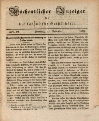 Wöchentlicher Anzeiger für die katholische Geistlichkeit Samstag 17. November 1838