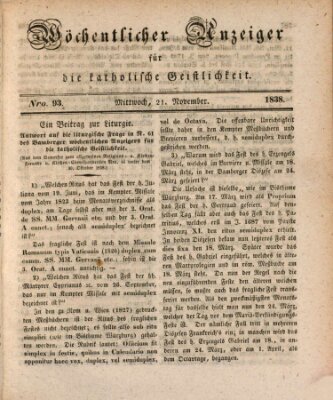 Wöchentlicher Anzeiger für die katholische Geistlichkeit Mittwoch 21. November 1838