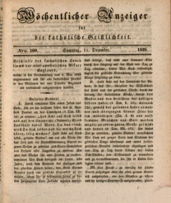 Wöchentlicher Anzeiger für die katholische Geistlichkeit Samstag 15. Dezember 1838