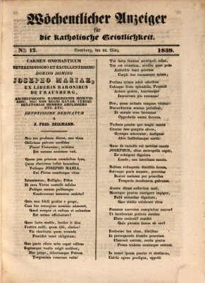 Wöchentlicher Anzeiger für die katholische Geistlichkeit Samstag 23. März 1839