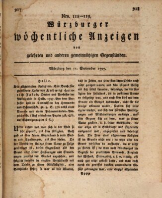 Würzburger wöchentliche Anzeigen von gelehrten und anderen gemeinnützigen Gegenständen Freitag 22. September 1797