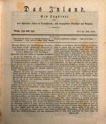 Das Inland (Deutsche Tribüne) Sonntag 18. Juli 1830