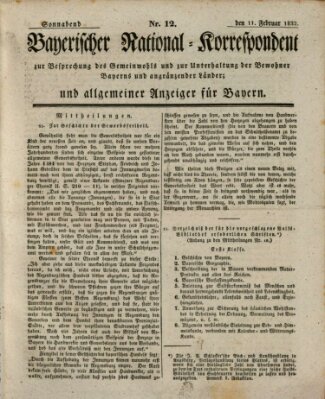 Bayerischer National-Korrespondent zur Besprechung des Gemeinwohls der Bewohner Bayerns und angränzender Länder (Allgemeiner bayerischer National-Korrespondent) Samstag 11. Februar 1832