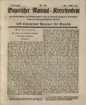 Bayerischer National-Korrespondent zur Besprechung des Gemeinwohls der Bewohner Bayerns und angränzender Länder (Allgemeiner bayerischer National-Korrespondent) Mittwoch 7. März 1832