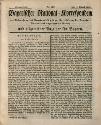 Bayerischer National-Korrespondent zur Besprechung des Gemeinwohls der Bewohner Bayerns und angränzender Länder (Allgemeiner bayerischer National-Korrespondent) Samstag 18. August 1832