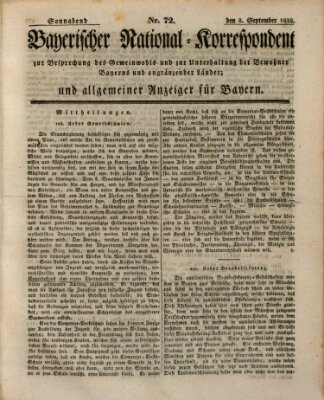 Bayerischer National-Korrespondent zur Besprechung des Gemeinwohls der Bewohner Bayerns und angränzender Länder (Allgemeiner bayerischer National-Korrespondent) Samstag 8. September 1832