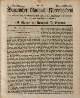 Bayerischer National-Korrespondent zur Besprechung des Gemeinwohls der Bewohner Bayerns und angränzender Länder (Allgemeiner bayerischer National-Korrespondent) Mittwoch 3. Oktober 1832