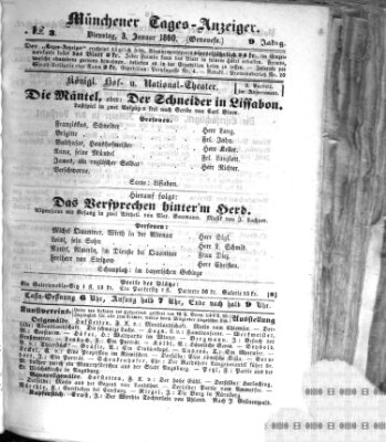 Münchener Tages-Anzeiger Dienstag 3. Januar 1860