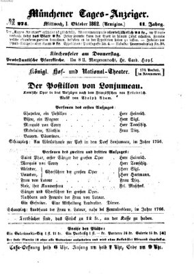 Münchener Tages-Anzeiger Mittwoch 1. Oktober 1862