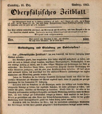 Oberpfälzisches Zeitblatt (Amberger Tagblatt) Samstag 16. Dezember 1843