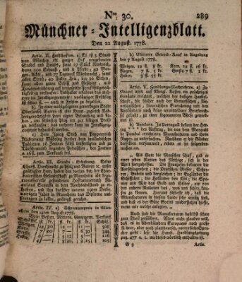 Münchner Intelligenzblatt (Münchner Intelligenzblatt) Samstag 22. August 1778