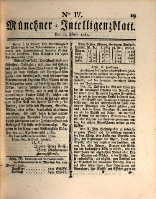 Münchner Intelligenzblatt (Münchner Intelligenzblatt) Freitag 12. Januar 1781