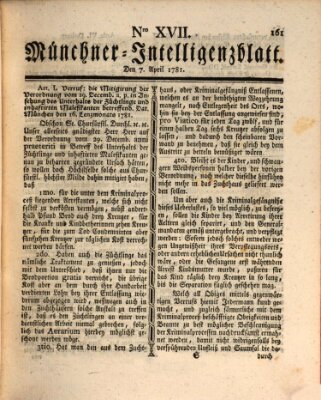 Münchner Intelligenzblatt (Münchner Intelligenzblatt) Samstag 7. April 1781