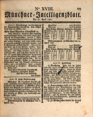 Münchner Intelligenzblatt (Münchner Intelligenzblatt) Samstag 21. April 1781