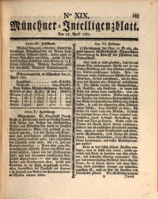 Münchner Intelligenzblatt (Münchner Intelligenzblatt) Saturday 28. April 1781