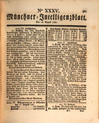 Münchner Intelligenzblatt (Münchner Intelligenzblatt) Samstag 18. August 1781