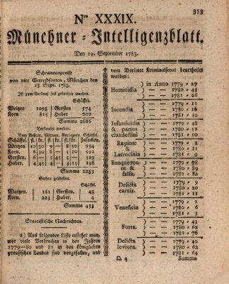 Münchner Intelligenzblatt (Münchner Intelligenzblatt) Freitag 19. September 1783