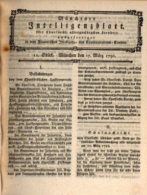 Münchner Intelligenzblatt (Münchner Intelligenzblatt) Samstag 17. März 1792