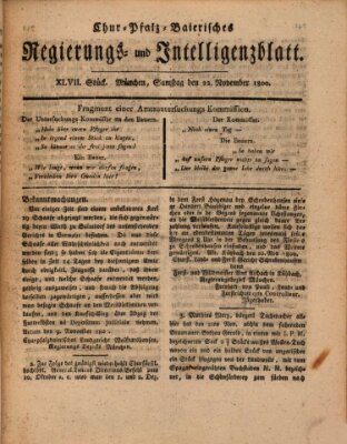 Chur-pfalz-baierisches Regierungs- und Intelligenz-Blatt (Münchner Intelligenzblatt) Samstag 22. November 1800