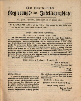 Chur-pfalz-baierisches Regierungs- und Intelligenz-Blatt (Münchner Intelligenzblatt) Samstag 17. Januar 1801