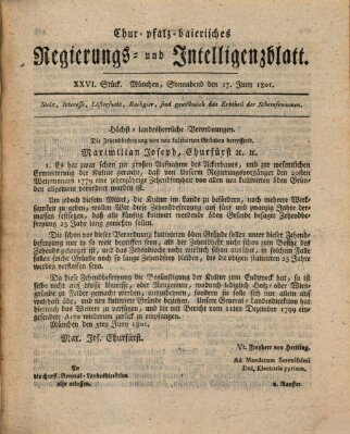 Chur-pfalz-baierisches Regierungs- und Intelligenz-Blatt (Münchner Intelligenzblatt) Samstag 27. Juni 1801