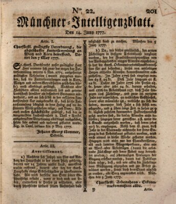 Münchner Intelligenzblatt (Münchner Intelligenzblatt) Samstag 14. Juni 1777