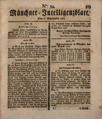 Münchner Intelligenzblatt (Münchner Intelligenzblatt) Samstag 6. September 1777