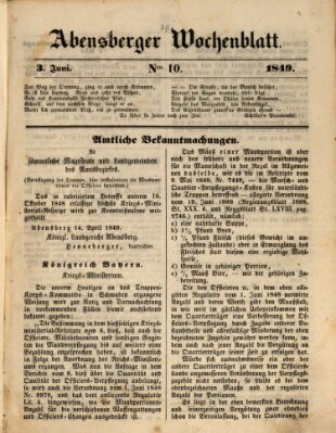 Abensberger Wochenblatt Sonntag 3. Juni 1849