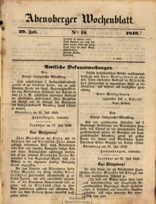 Abensberger Wochenblatt Sonntag 29. Juli 1849