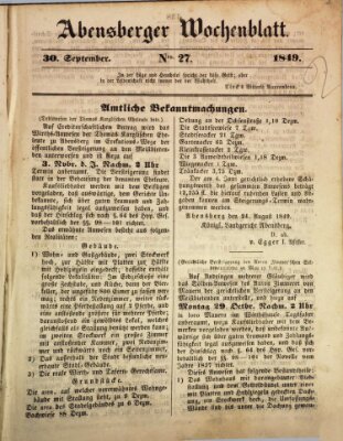 Abensberger Wochenblatt Sonntag 30. September 1849