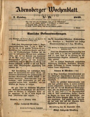 Abensberger Wochenblatt Sonntag 7. Oktober 1849