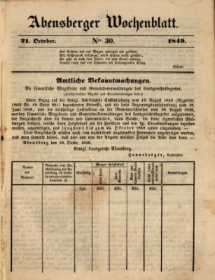 Abensberger Wochenblatt Sonntag 21. Oktober 1849