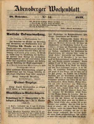 Abensberger Wochenblatt Sonntag 18. November 1849