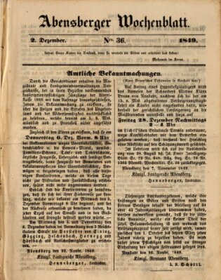 Abensberger Wochenblatt Sonntag 2. Dezember 1849