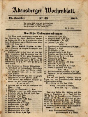 Abensberger Wochenblatt Sonntag 16. Dezember 1849