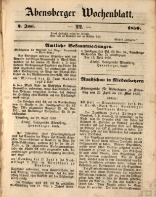 Abensberger Wochenblatt Sonntag 2. Juni 1850