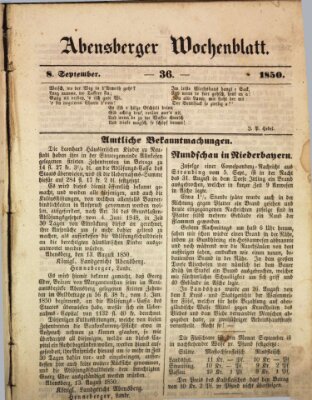 Abensberger Wochenblatt Sonntag 8. September 1850