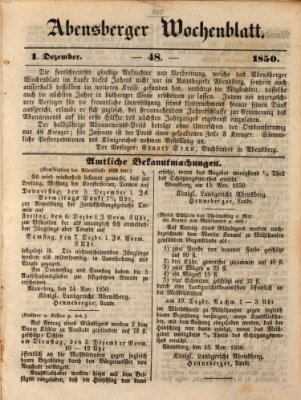 Abensberger Wochenblatt Sonntag 1. Dezember 1850