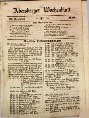 Abensberger Wochenblatt Sonntag 22. Dezember 1850