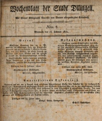 Wochenblatt der Stadt Dillingen Mittwoch 16. Februar 1820