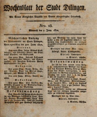 Wochenblatt der Stadt Dillingen Mittwoch 7. Juni 1820